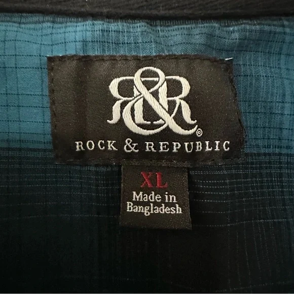 Rock & Republic Blue & Black Plaid “Western Style” Snap Down Shirt Size XL NWT - Picture 7 of 10